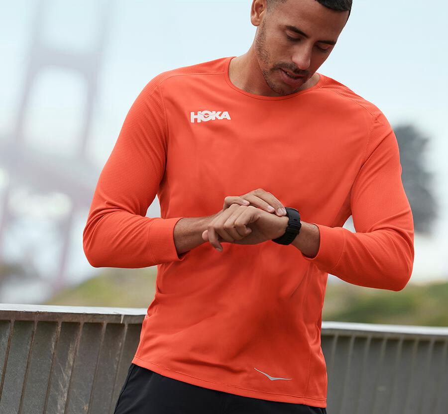 Tops Mens - Hoka One One Performance 3/4 Sleeve - Orange - JQCWXHA-69